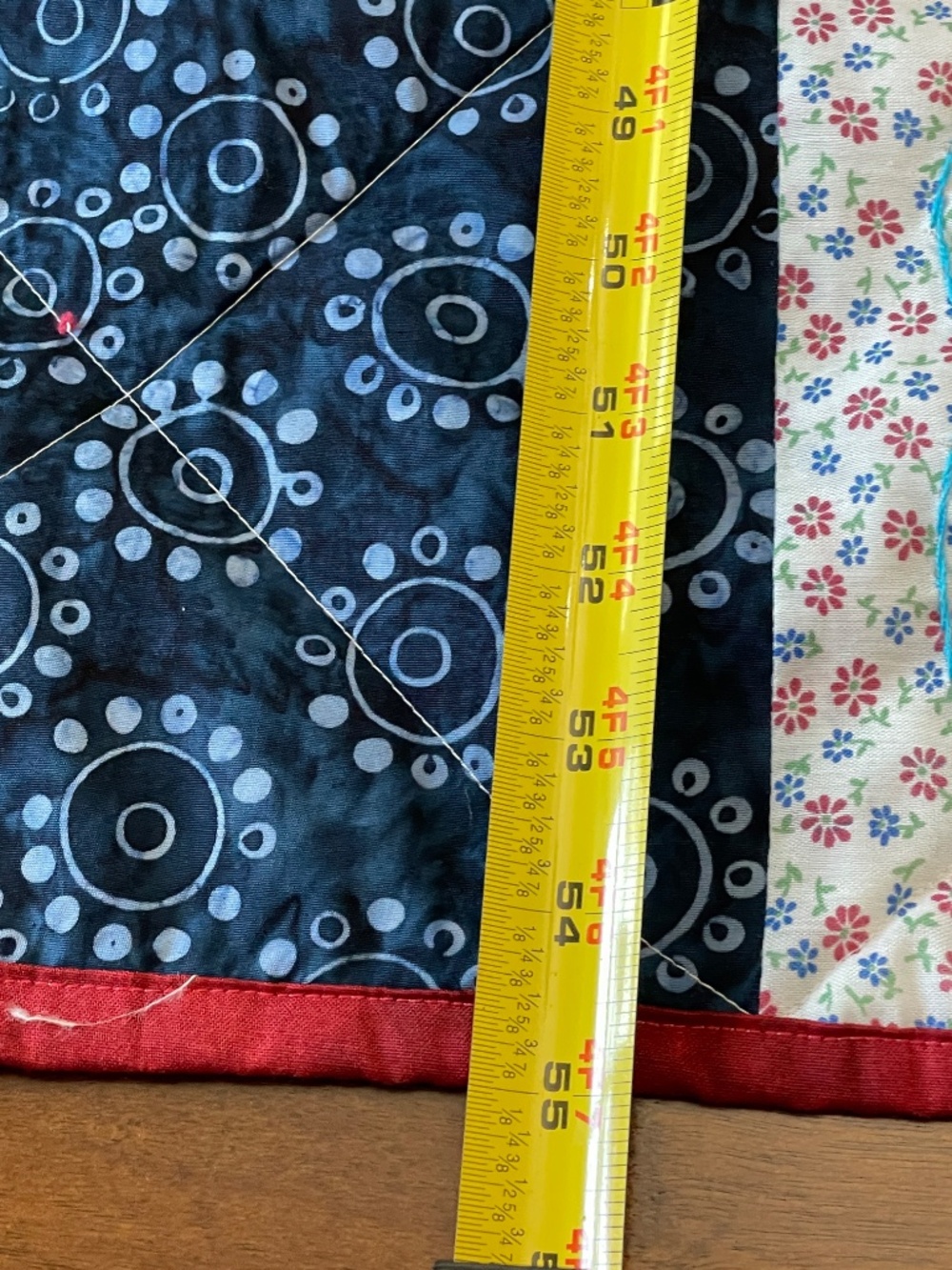 Handmade Quilt Whimsical Red Off White Blue Embroidered Flower Lap Child Size - Picture 13 of 15